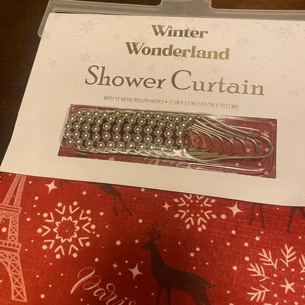 NEW Winter Wonderland shower curtain with metal hooks.